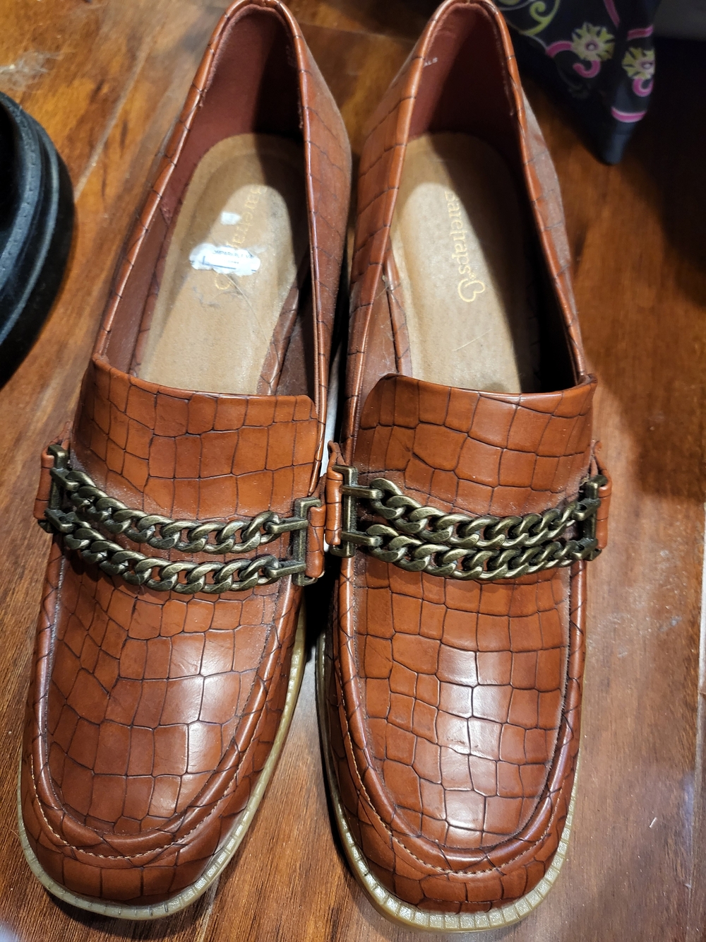 BareTraps Athena Tan Croc-Embossed Loafers with Chain Accent